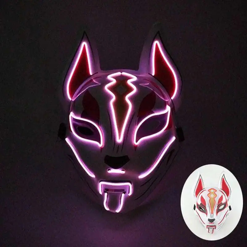 LED Fox Mask Neon Light Up Japanese Kitsune Mask for Halloween Cosplay Party Rave Festival Costume Glowing EL Wire Masque