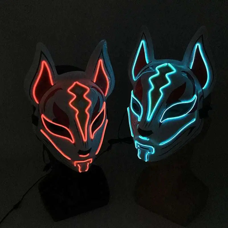 LED Fox Mask Neon Light Up Japanese Kitsune Mask for Halloween Cosplay Party Rave Festival Costume Glowing EL Wire Masque