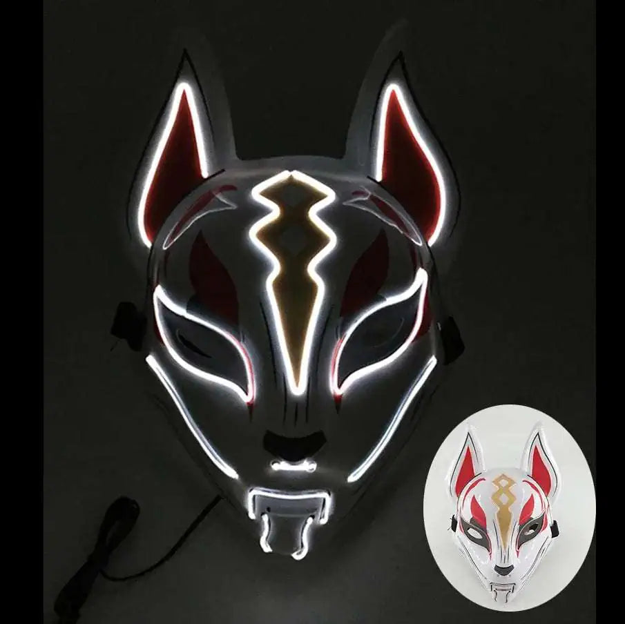 LED Fox Mask Neon Light Up Japanese Kitsune Mask for Halloween Cosplay Party Rave Festival Costume Glowing EL Wire Masque