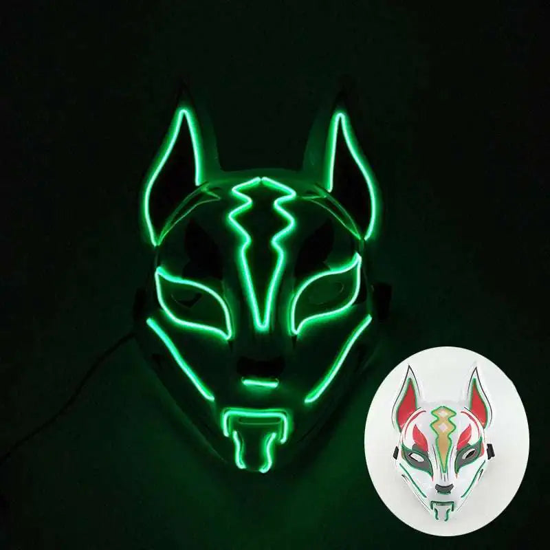 LED Fox Mask Neon Light Up Japanese Kitsune Mask for Halloween Cosplay Party Rave Festival Costume Glowing EL Wire Masque