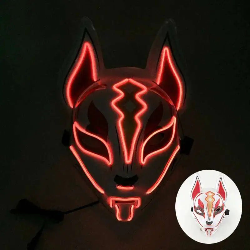 LED Fox Mask Neon Light Up Japanese Kitsune Mask for Halloween Cosplay Party Rave Festival Costume Glowing EL Wire Masque
