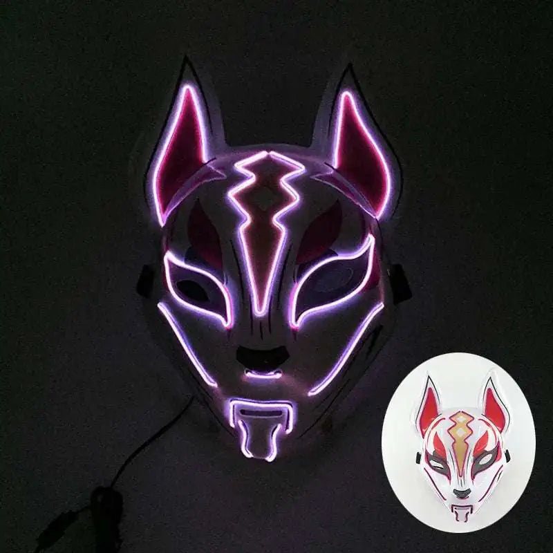 LED Fox Mask Neon Light Up Japanese Kitsune Mask for Halloween Cosplay Party Rave Festival Costume Glowing EL Wire Masque