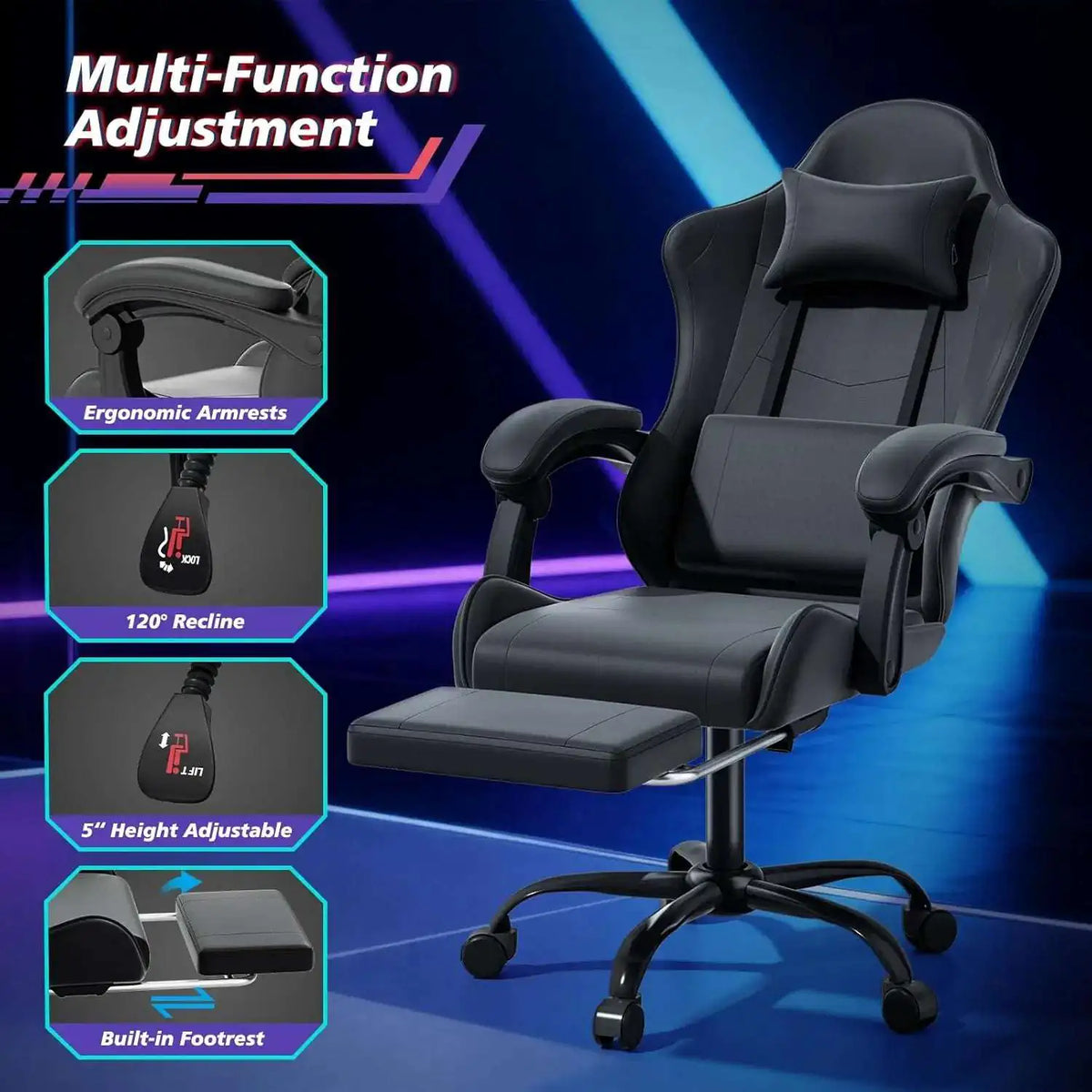 Gaming Chair for Adults, Ergonomic Computer Chair with Linkage Armrests,Height Adjustable Gamer Chair with Footrest and Headrest